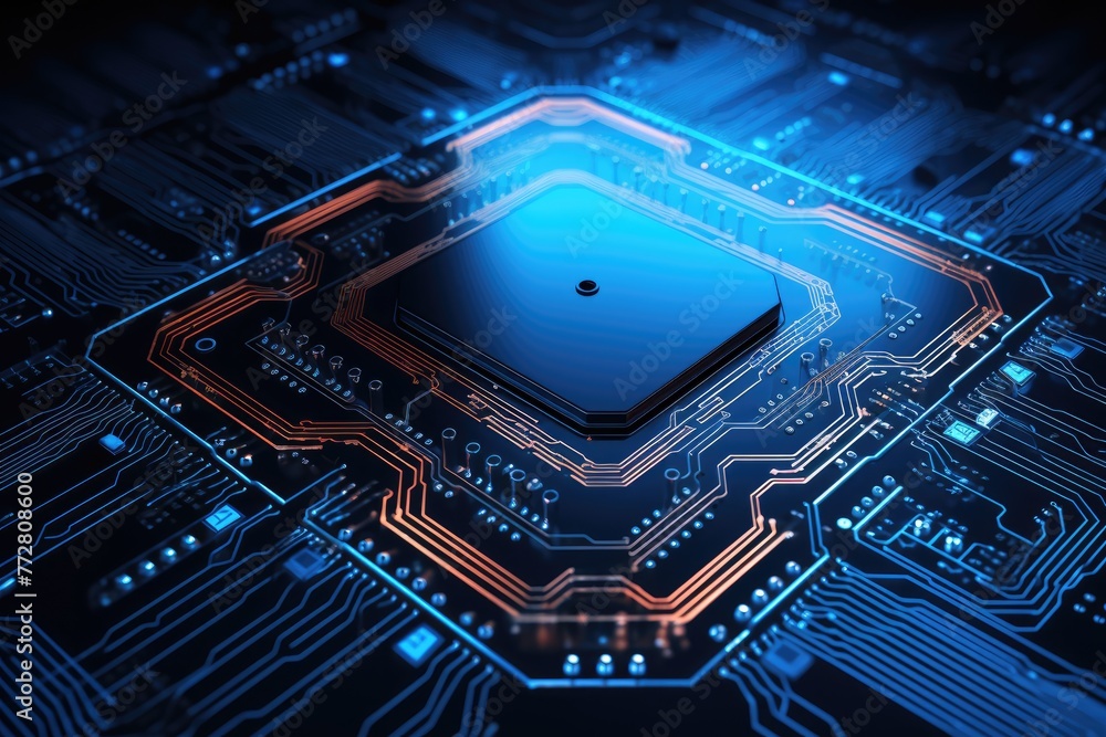 Poster glowing circuit board ,futuristic circuit board on a blue background 3d rendering artificial intelli