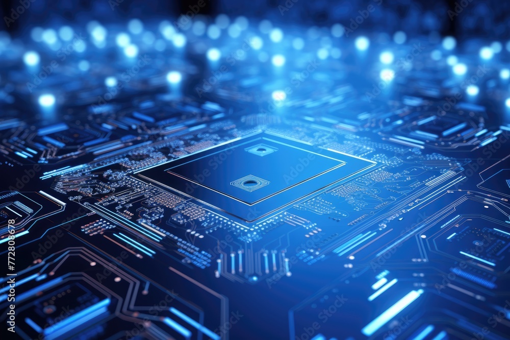 Poster glowing circuit board ,futuristic circuit board on a blue background 3d rendering artificial intelli