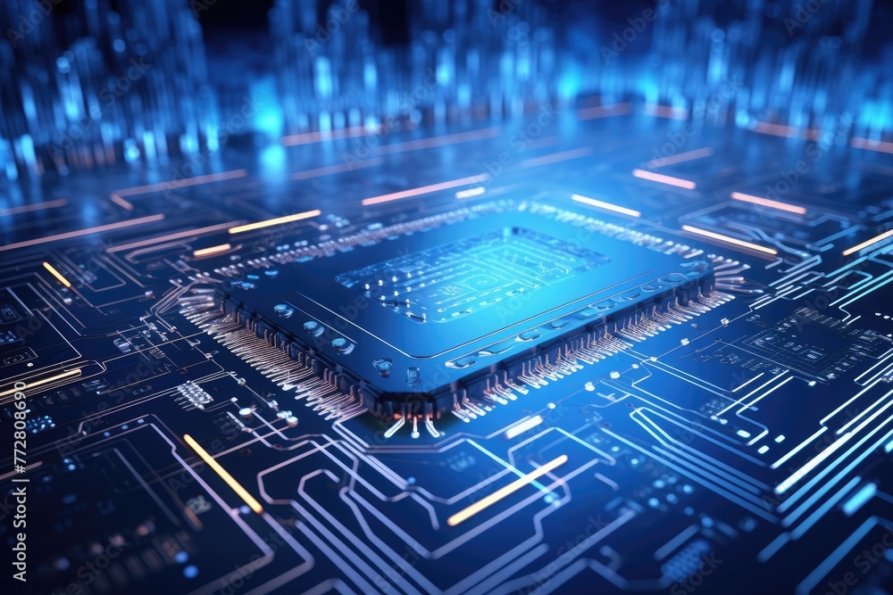 Poster glowing circuit board ,futuristic circuit board on a blue background 3d rendering artificial intelli