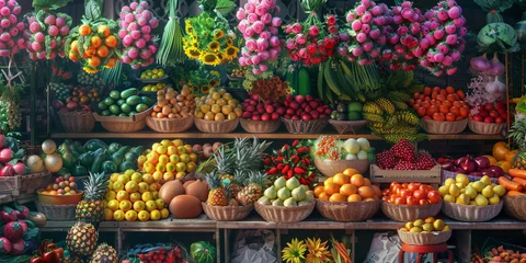 Foto op Aluminium A image of a market stall overflowing with colorful fruits, vegetables, and flowers, creating a vibrant and lively scene © Waris