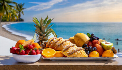 A beachside buffet with exotic fruits and freshly baked pastries