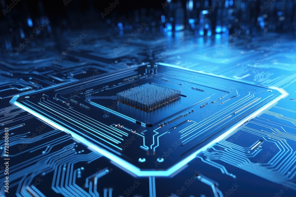 Poster glowing circuit board ,futuristic circuit board on a blue background 3d rendering artificial intelli