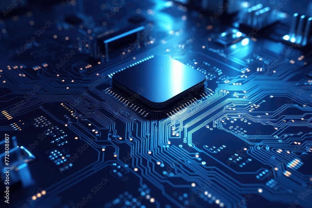 Poster glowing circuit board ,futuristic circuit board on a blue background 3d rendering artificial intelli