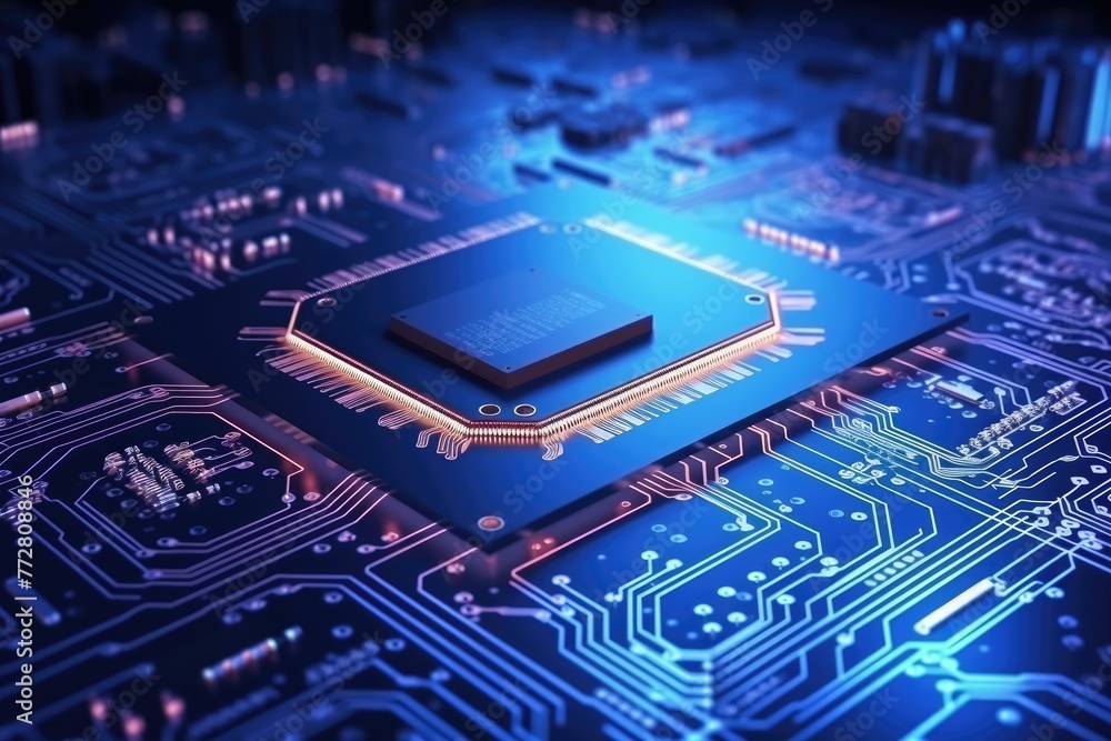 Poster glowing circuit board ,futuristic circuit board on a blue background 3d rendering artificial intelli