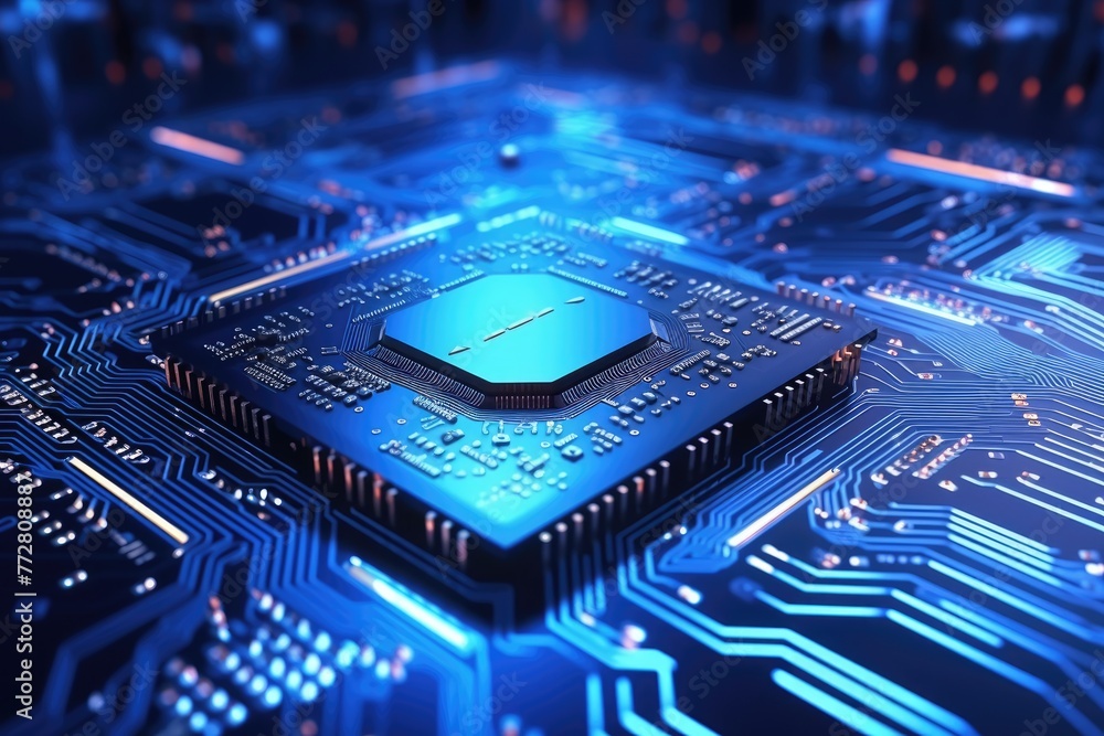 Poster glowing circuit board ,futuristic circuit board on a blue background 3d rendering artificial intelli
