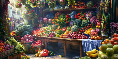 A image of a market stall overflowing with colorful fruits, vegetables, and flowers, creating a vibrant and lively scene - obrazy, fototapety, plakaty