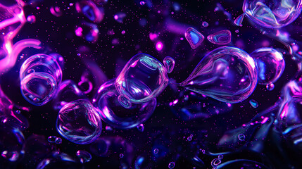 futuristic 3d render of abstract bubbles on dark background with neon purple and blue colors. Minimal design, 