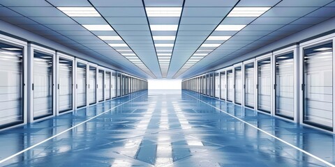 Shot of Corridor in Working Data Center Full of Rack Servers and Supercomputers with High Internet Visualisation Projection.
