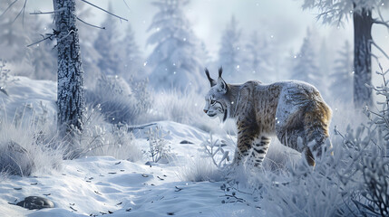 Winter Wonderland: A Stalk in the Snow - Capturing the Lynx in its Pristine, Snowy Habitat - obrazy, fototapety, plakaty