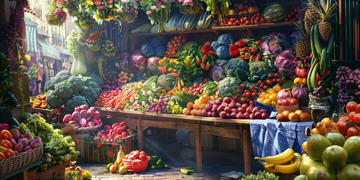 A image of a market stall overflowing with colorful fruits, vegetables, and flowers, creating a vibrant and lively scene