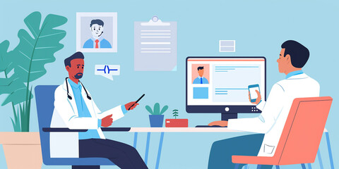business person working on laptop, A image of a medical team having a meeting in a clinic or hospital conference room, discussing patient cases and treatment plans, representing the concept of interdi