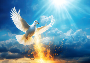 white pigeon flying on blue sky while emitting fire flame realistic illustration - obrazy, fototapety, plakaty