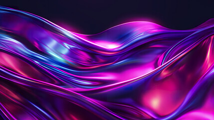 Vibrant neon waves of liquid metal, glowing with electric purple ,pink and blue hues against the dark background. A dynamic composition capturing fluid motion in metallic textures. 