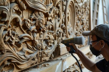 carved wooden panels for wall decoration being sanded - obrazy, fototapety, plakaty