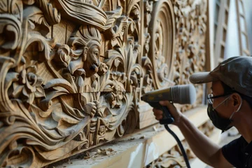 Fotobehang carved wooden panels for wall decoration being sanded © studioworkstock