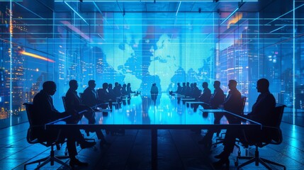 Virtual reality simulation of a futuristic boardroom meeting - obrazy, fototapety, plakaty
