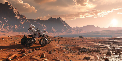 A image of a Mars rover exploring the surface of Mars, with red rocky terrain and distant mountains in the background, representing robotic exploration of other planets