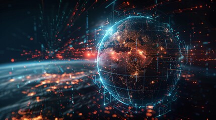 Obraz premium Abstract digital globe surrounded by orbiting data points