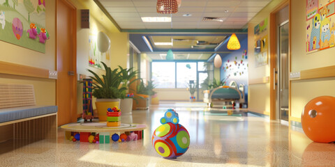 A image of a pediatric ward in a hospital, featuring a play area with toys and colorful decorations to create a comforting environment for young patients