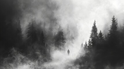 Misty forest with solitary figure - obrazy, fototapety, plakaty
