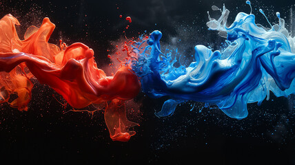 Red and blue paint colliding and flying in the air, The paint is completely floating in the air, 100% black studio background - obrazy, fototapety, plakaty