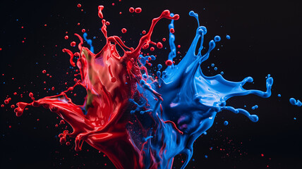 Red and blue paint colliding and flying in the air, The paint is completely floating in the air, 100% black studio background