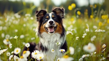 Australian Shepherd Reveling in a Sunlit Meadow of Daisies - Generative AI