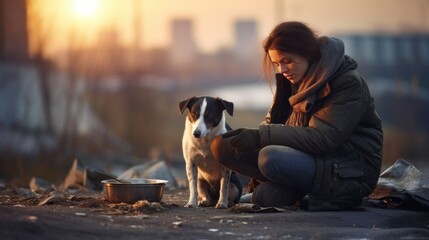 Young caucasian woman wearing warm jacket, scarf and gloves feeding stray abandoned dog near road on street on cold autumn day. Helping homeless Animals, Volunteering, Pets concepts. - Powered by Adobe