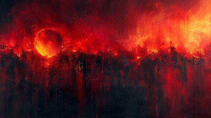 Abstract apocalyptic landscape with fiery sky - obrazy, fototapety, plakaty