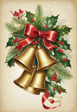 christmas bells with holly and ribbon vintage illustration isolated on a transparent background colorful background