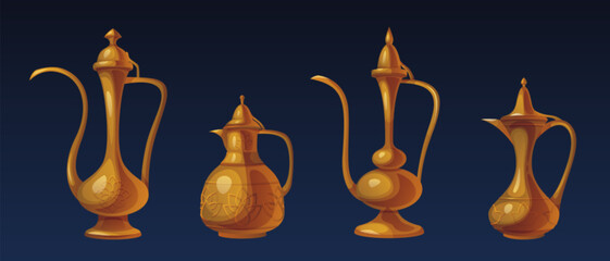 Arabic traditional teapot of different shapes. Cartoon vector illustration set of Arabian heritage pitcher with conventional pattern. Ancient oriental copper or golden kitchen kettle with ornament. - obrazy, fototapety, plakaty