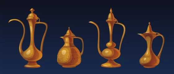 Fotobehang Arabic traditional teapot of different shapes. Cartoon vector illustration set of Arabian heritage pitcher with conventional pattern. Ancient oriental copper or golden kitchen kettle with ornament. © klyaksun