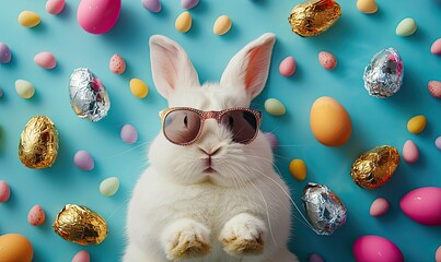 "Joyful Easter Banner with Sunglasses-Wearing White Bunny"
