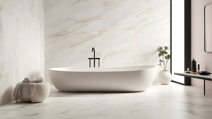 Modern bathroom interior with tub and wooden stand sink, mirror, bath accessories, and 3D rendering of an opulent white bathtub in a hotel suite decorated with white towels - obrazy, fototapety, plakaty