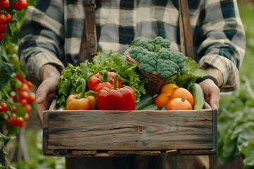 farmer holding wooden box full of fresh vegetables, harvesting season, Generative AI