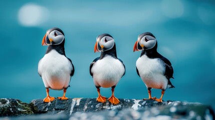 Naklejka premium Trio of Atlantic Puffins on a Clifftop Overlooking the Serene Ocean Generative AI