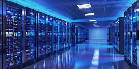 Shot of Corridor in Working Data Center Full of Rack Servers and Supercomputers with High Internet Visualisation Projection.