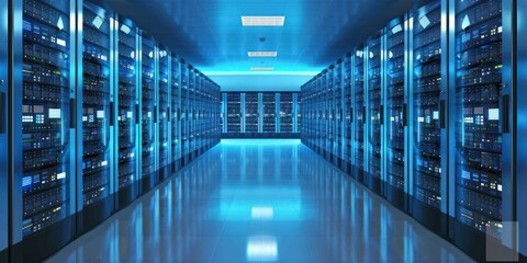 Shot of Corridor in Working Data Center Full of Rack Servers and Supercomputers with High Internet Visualisation Projection.