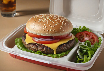 fresh hamburger in a take away container with soda colorful background