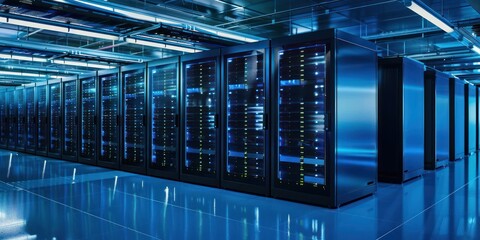 Shot of Corridor in Working Data Center Full of Rack Servers and Supercomputers with High Internet Visualisation Projection.