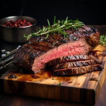 roasted beef on a wooden plate