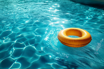 yellow swimming pool ring float in blue water. concept color summer, ai technology - obrazy, fototapety, plakaty