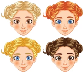 Cercles muraux Enfants Four cartoon faces showing different hairstyles.