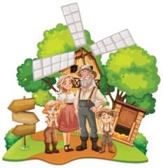 Keuken foto achterwand Illustration of a family standing near a windmill. © GraphicsRF