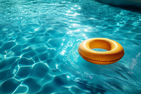 Yellow Swimming Pool Ring Float In Blue Water. Concept Color Summer, Ai Technology