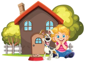 Papier Peint photo Enfants Cheerful boy with pet dog sitting by house