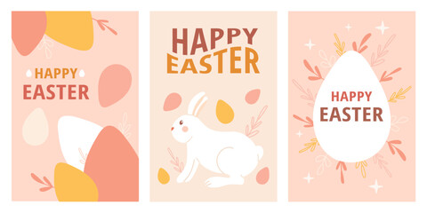Happy Easter set poster, card. Easter eggs, bunny. Spring modern vector illustration