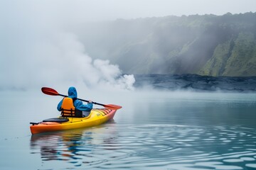 tourist kayaking on a volcanic lake