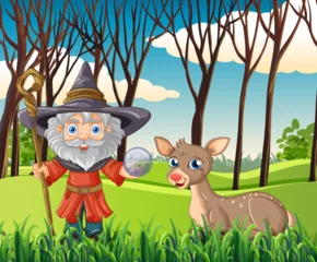 Fototapete Wizard with crystal ball beside a cute deer in woods © GraphicsRF