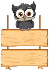 Keuken foto achterwand Adorable cartoon owl perched on blank signboards. © GraphicsRF